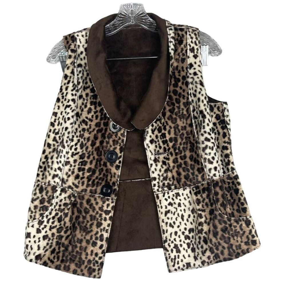 NWT Lisa International REVERSIBLE cheetah leopard & brown vest, S, faux suede